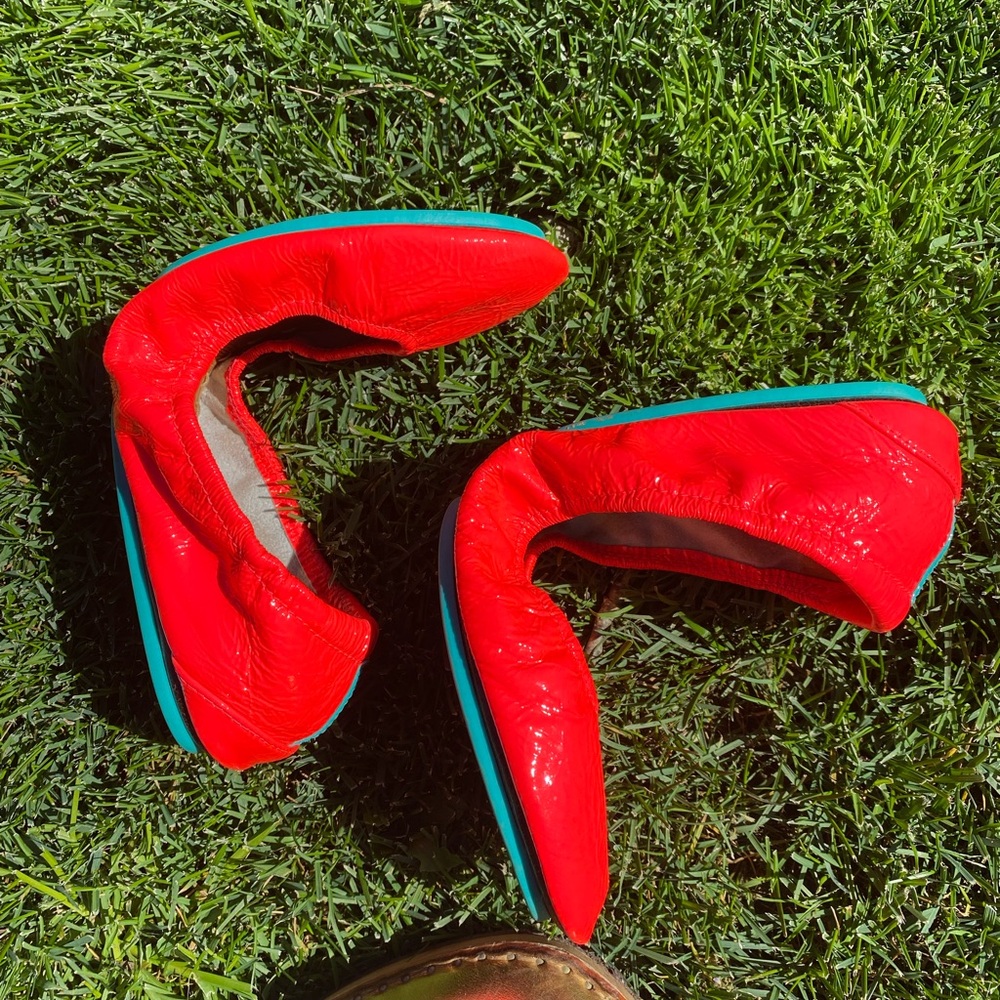 Tieks Red Leather Ballet Flats with Teal Soles